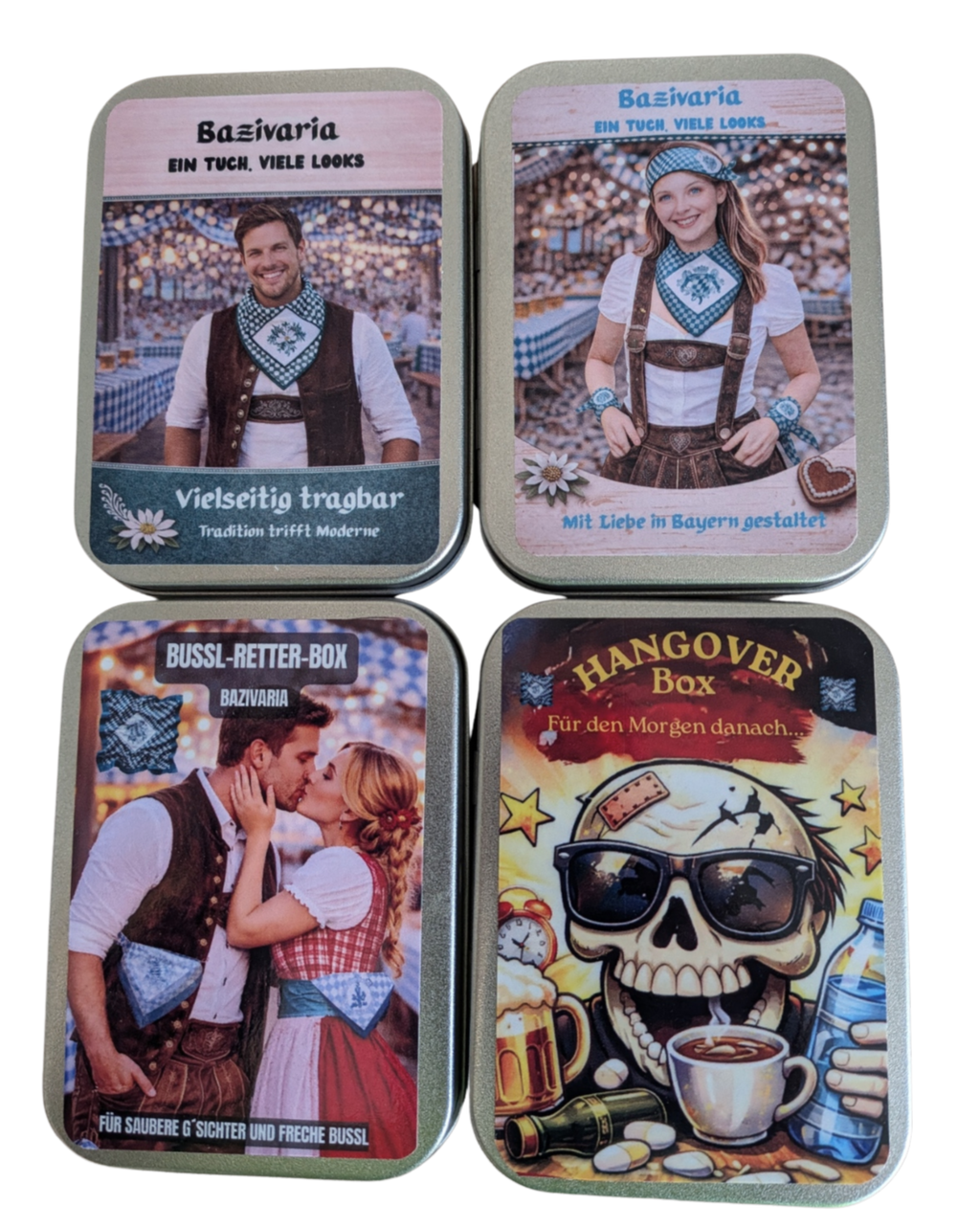 Bayern Tuch Geschenkbox –  4 x Metallbox mit Rautentuch inkl. Brillenputztuch & Erfrischungstuch - Party, Oktoberfest....