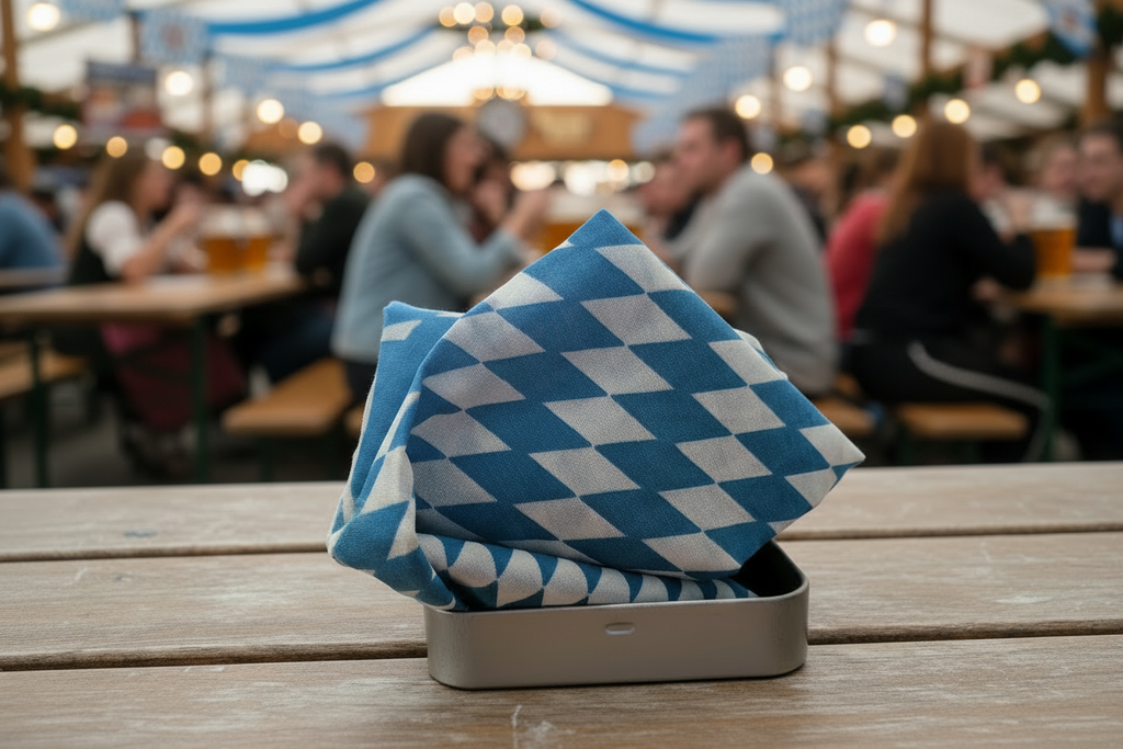 Bayern Tuch Geschenkbox –  4 x Metallbox mit Rautentuch inkl. Brillenputztuch & Erfrischungstuch - Party, Oktoberfest....