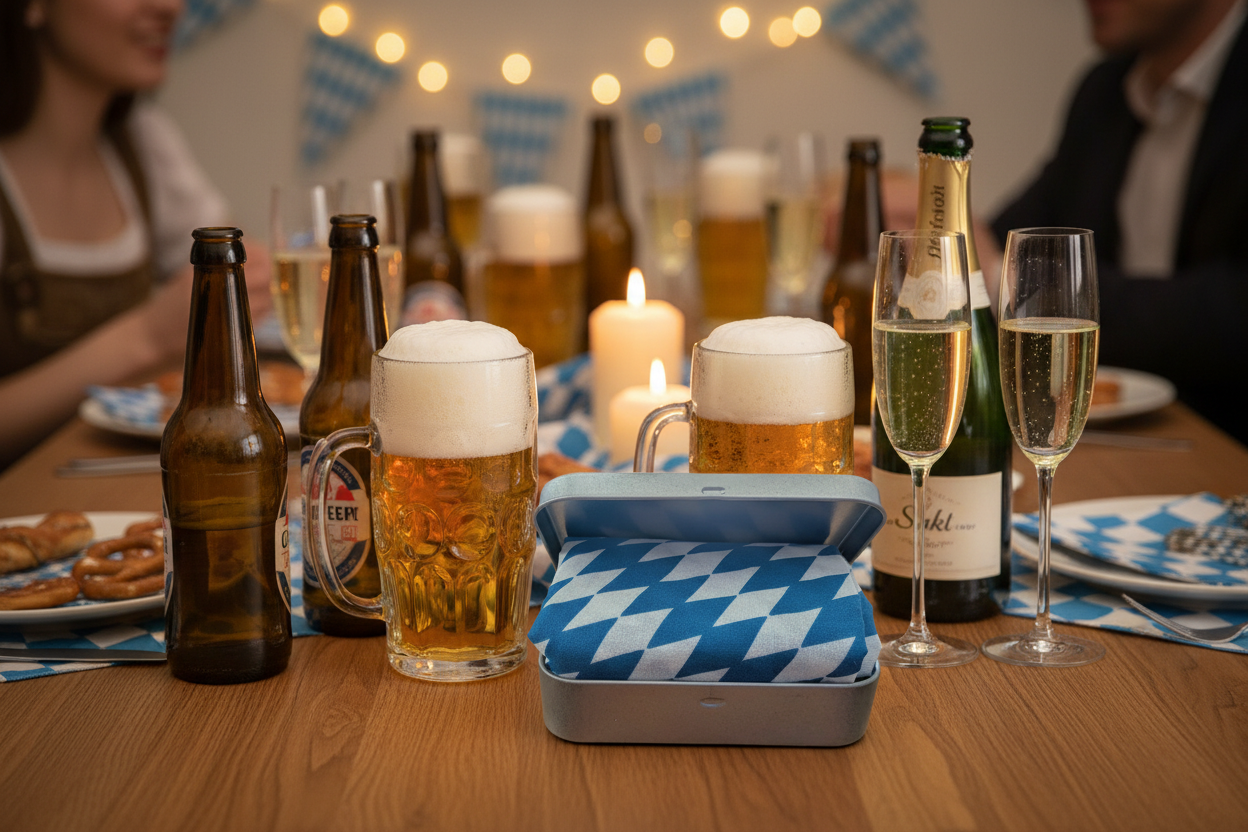 Bayern Tuch Geschenkbox –  4 x Metallbox mit Rautentuch inkl. Brillenputztuch & Erfrischungstuch - Party, Oktoberfest....