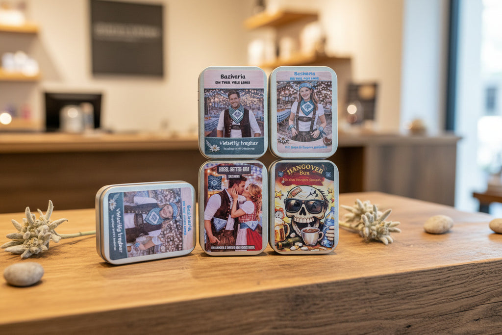 Bayern Tuch Geschenkbox –  4 x Metallbox mit Rautentuch inkl. Brillenputztuch & Erfrischungstuch - Party, Oktoberfest....