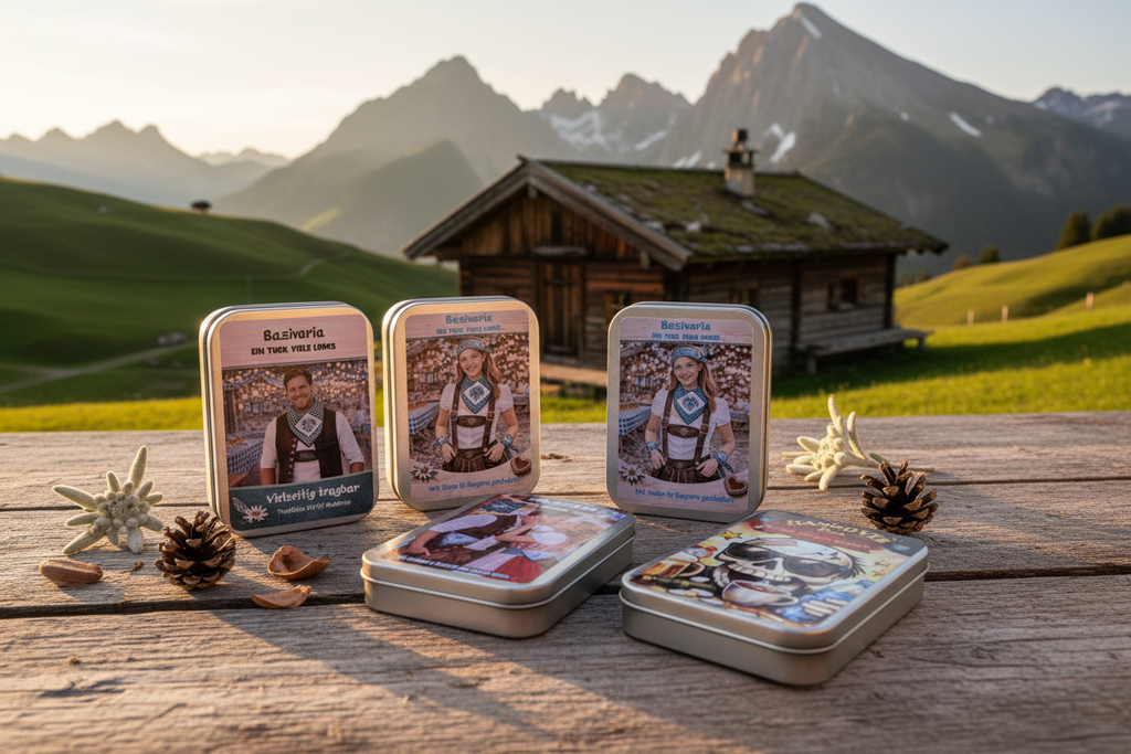 Bayern Tuch Geschenkbox –  4 x Metallbox mit Rautentuch inkl. Brillenputztuch & Erfrischungstuch - Party, Oktoberfest....