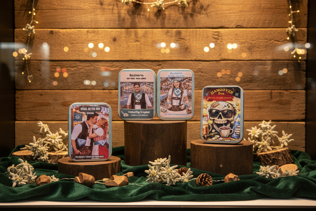 Bayern Tuch Geschenkbox –  4 x Metallbox mit Rautentuch inkl. Brillenputztuch & Erfrischungstuch - Party, Oktoberfest....