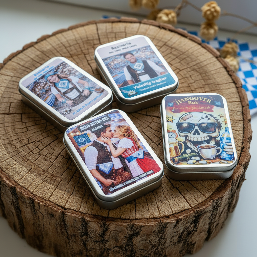 Bayern Tuch Geschenkbox –  4 x Metallbox mit Rautentuch inkl. Brillenputztuch & Erfrischungstuch - Party, Oktoberfest....